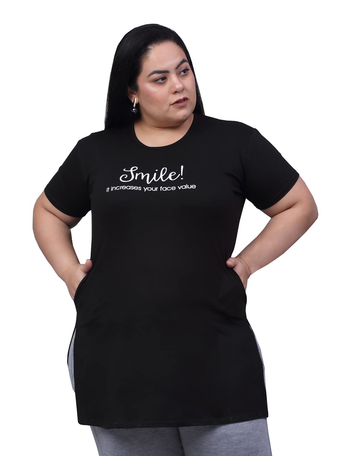 Women's Longline Plus Size Side Slits Side Pocket Printed Tshirts-picture-26