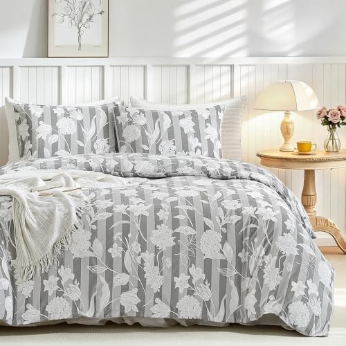 Image of Lekesky Gray Duvet Cover King Size, Grey Comforter Cover King Size Floral Printed Duvet Set, 3 Pieces Soft Microfiber Bedding Set with Zipper Ties (King, 104 inchx90 inch)