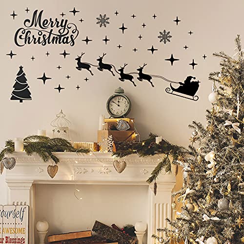 2 Sheets Christmas Tree Wall Decal Christmas Quotes Wall Sticker Santa Claus Snowflake Sticker Merry Christmas Quote Stickers Reindeer Star Wall Art Decal For Home And Party Decorations (Black) #TOP4