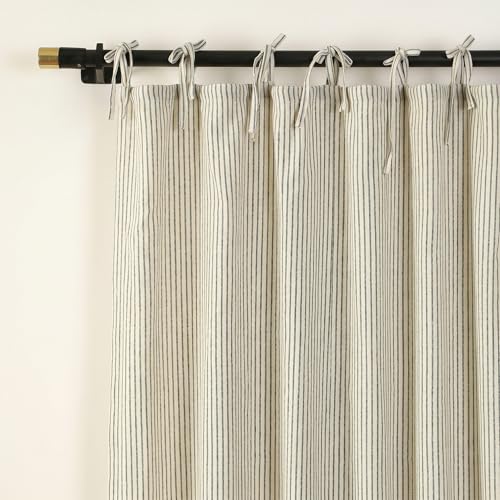 THE ART BOX Natural Linen Gauze Tie Top Sheer Semi Blackout Striped Curtains for Bedroom Filtering Hanging Substitute Windows Home Dcor Curtain Green on Beige 2 Panel Sets (63x42 inch Each)