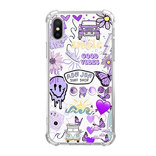 Qivtpjkrin Retro Good Vibes Melting Face Butterfly Pattern Collage Case Compatible with iPhone Xs/iPhone X, Trippy Aesthetic Purple for Trendy Soft TPU Bumper Cover