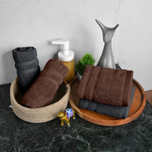 Image of Divine Casa Cotton Hand Towels Pack of 4 Brown & Grey, 550 GSM Ultra Soft & Highly Absorbent Thick Bathroom Towels, 60 x 40 cm