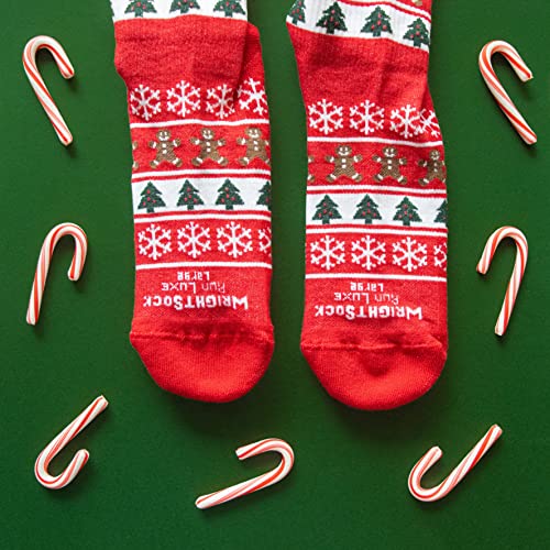 Wrightsock Run Luxe Christmas Stripes W/Logo- Cushion, Single Layer, Crew, Lightweight Comfort For Men And Women Walking Running Socks, Red/Christmas Stripes, Large #TOP2