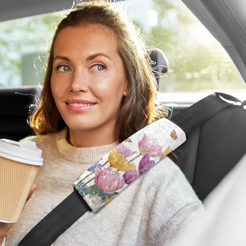 Image of Light Pink Tulips Butterfly Seat Belt Cover Pad 2 Pcs Soft Cute Seatbelt Covers Protector Support Head Neck Shoulder Strap for Car Seats High Chair Backpack for Adults Kids Women Men 6.5x6.5In