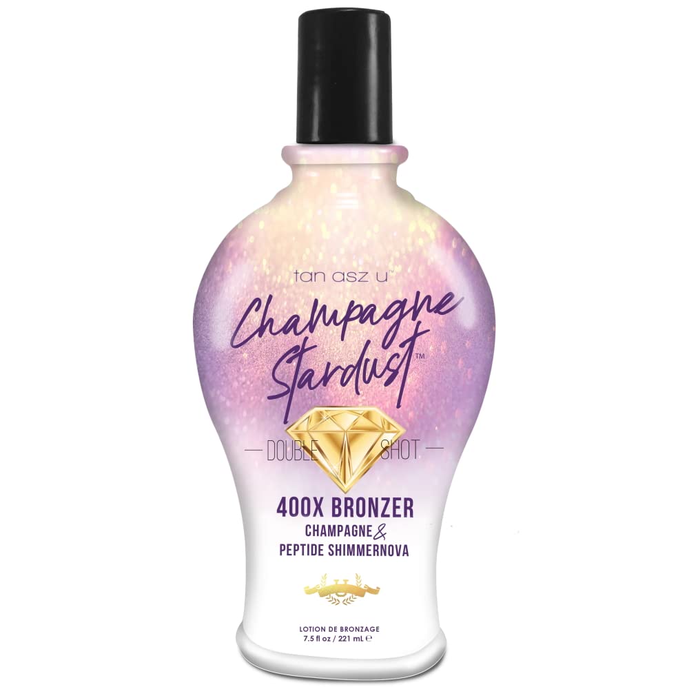 Tan Asz U Champagne Stardust Double Shot 400X Bronzer with Champagne, Peptides & Shimmernova Glow Technology – 7.5oz Dark Tanning Lotion