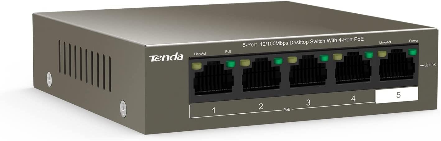 Tenda 5-Port Fast Ethernet PoE Switch with 4-Port PoE+ (Extend Mode, 802.3at/af, 58 W Power Budget, Desktop / Wall Mounting, Metal Case, Plug and Play) (TEF1105P-4-63W)