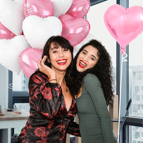 Image of White-Pink Heart Balloons,18inch Bright Pink Heart Shaped Foil Balloons & Snowy White Helium Mylar Balloon for Anniversary Wedding Engagement Birthday Party Baby Shower Decorations