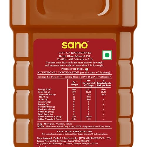 Image of SANO Kachi Ghani Mustard Oil 5 Ltr | High in Monounsaturated Fats (MUFA) | Vitamin A and D Fortified Oil | Cholesterol and Trans Fat Free | Ideal for Frying, Roasting, Tempering, and Pickling | Indian Cooking