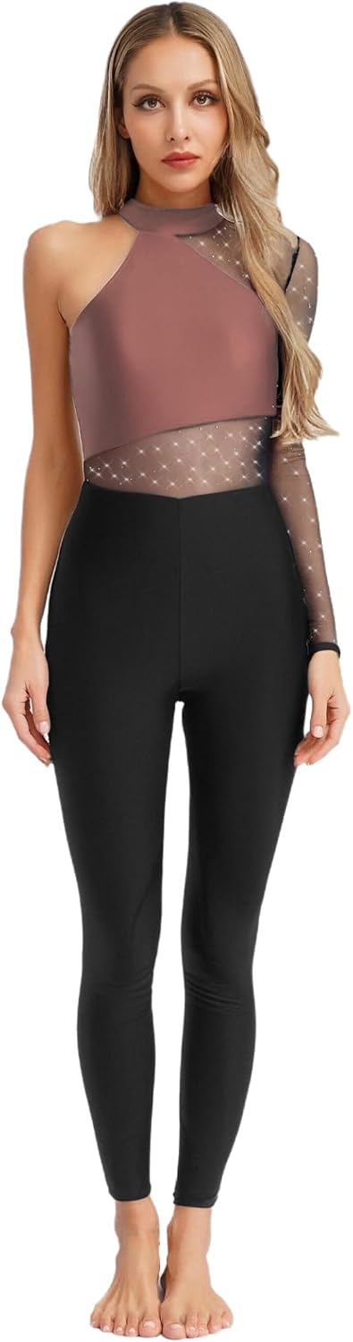 Linjinx Womens Rhinestones Mesh Patchwork Jumpsuit Figure Ice Skating Dance Unitards Dancewear