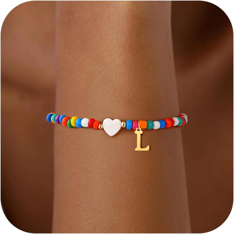 Colorful Beaded Initial Bracelets for Women - Fade-resistant Cute Stretch Beaded Bohemian Initial A-Z Stackable Bracelets Jewelry for Women Birthday Valentine's Day Gift
