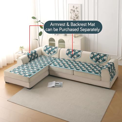 Image of HOKIPO 'Florentina Series' L Shape (3+3 Seater) Sofa Cover Seat Mat | Premium Multi-Needle Quilted Holland Velvet Sofa Mat + Foam Filling + Anti-Slip Backing, Pansies Teal (IN-882-V5*2)