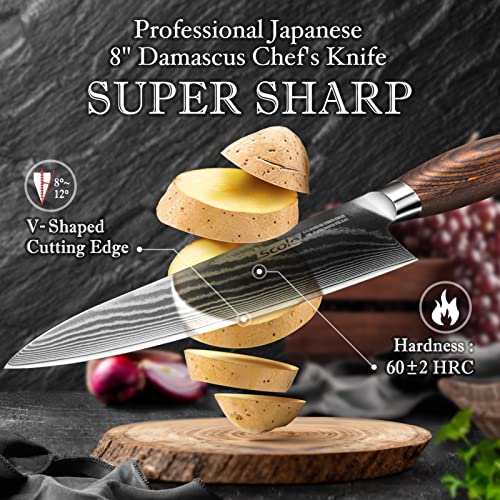Scole® Chef Knife Bundle - Razor Sharp Chefs Knife 8 Inch Vg-10 Super Damascus Steel (Natural Pakka Wood Handle) + Ultra Sharp Kitchen Knife Set 7-Piece (Triple Rivet Handle) (2 Items Bundle) #TOP7