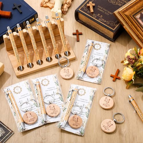Resurhang 12 Sets Baptism Favors for Guests Christian Gifts Baptism Quotes Bamboo Ballpoint Pens Christian Keychains Cross Thank You Cards Bag for Guest First Communion Party Souvenir Bautizo by Resurhang - Image 4