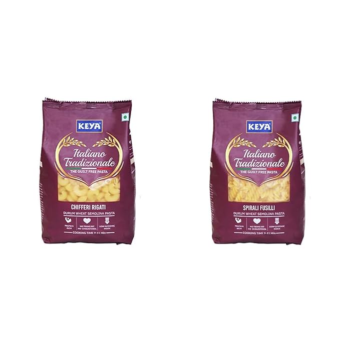 100% Durum Wheat Chifferi Rigati Pasta, 500gm | Elbow Pasta | Master of Seasonings & Keya 100% Durum Wheat Fusilli Pasta, 500gm | Master of Seasonings