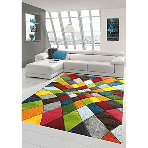 Teppich-Traum Moderner Teppich Wohnzimmer abstraktes Design buntes Rautenmuster grün gelb orange bunt Cover