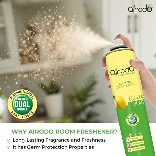 Image of AIRODO Citrus Blast Air Freshener with Dual Technology, Easy Push and Spray, Stain Removal Floral Crush, All in One Room Freshener for Home and Office (250ml, Pack of 12)