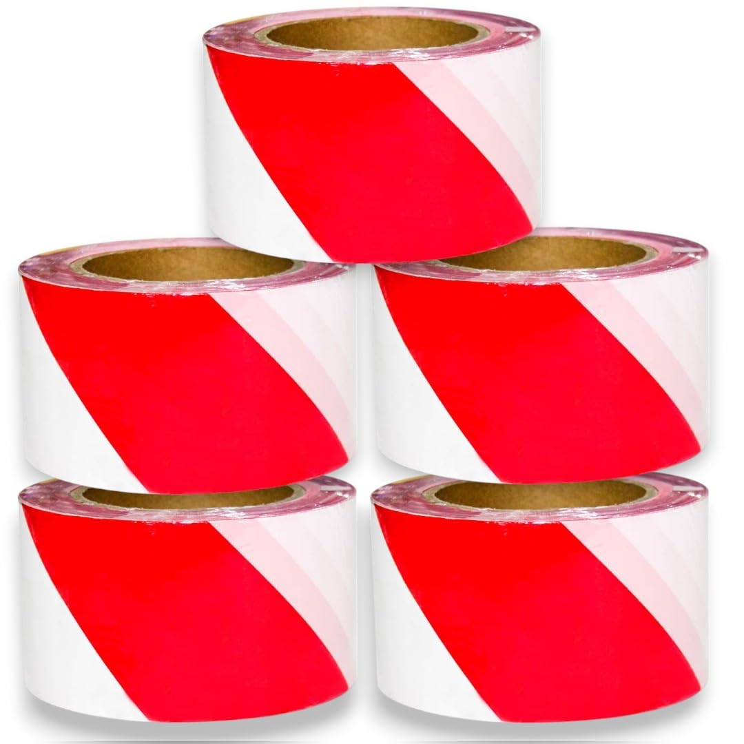 Berry 5 Pcs Non-Adhesive Barrier Tape -Red and White | 3" (75mm) x 200 Meter Barrier Tape | Caution Tape Roll for Cordoning Off Areas | Red and White Plastic Barrier Fencing Caution Tape