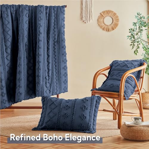 Image of MR&HM Full Size Bed Sheets and Comforter Set Navy Blue, 7 Pieces Tufted Boho Beddding Sets, Farmhouse Style Bed in a Bag with 1 Comforter, 2 Pillow Shams, 2 Pillowcases, 1 Flat Sheet, 1 Fitted Sheet