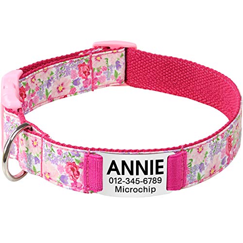 Vcalabashor Collar de Perro Personalizado, Placa de Acero Inoxidable grabada con Nombre y Número de Teléfono del Perro,Pink Grande