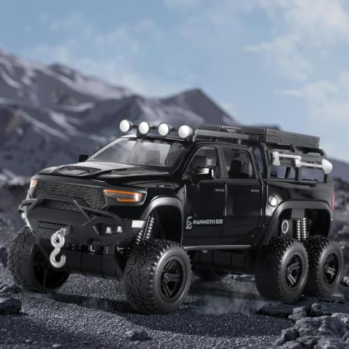 Image of RAM Mammoth Pick-Up Model Car 1:32 Exclusive Alloy Metal Pull Back Die-cast Car Die-cast Metal Pullback Toy car with Openable Doors & Light Music, Black Six Wheel