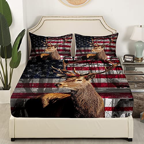 Manfei Kids 3D Deer Fitted Sheet Twin Size American Flag Bedding Set 2Pcs For Boys Teens Room Decor, Wildlife Animal Elk Print Bed Cover Stars And Stripes Bed Sheet Set With 1 Pillowcase #TOP2