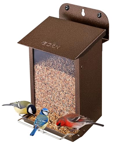 iBorn Bird Feeder for Outdoors Wall Mounted Bird Feeder Weatherproof Metal Roof Heavy Duty Metal Birdfeeder for Tree Fence Wall Screwed-in Mounting All Detachable Easy Clean 1.3Lbs Coffee