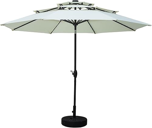 PUPZO Sunbrella - Sombrilla solar de 10 pies y 3 niveles para patio con 32 luces LED para exteriores con 8 varillas (blanco)