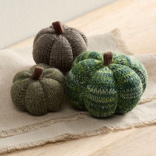 Image of Set of 3 Cozy Mini Knit Pumpkins (Juniper Multi-Size Set) | Autumn Table Home Decor, Fall Seasonal Gift, Green Accent Kitchen Decor