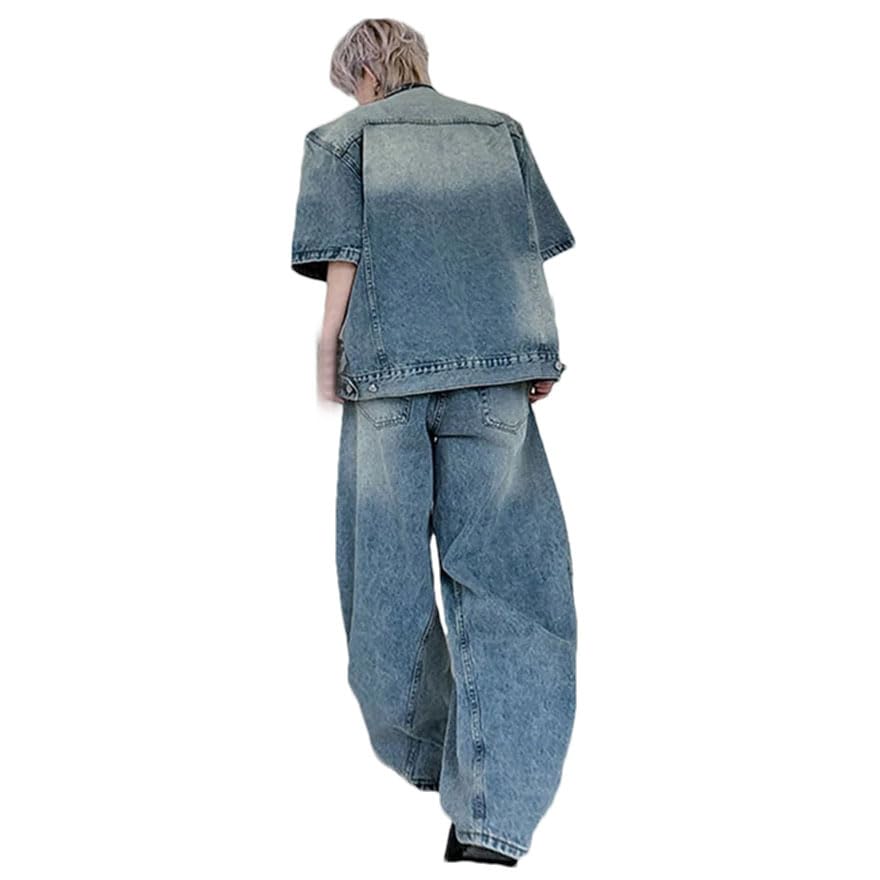 Pohullan Men Streetwear Two-Piece Sets Baggy Wide Leg Jeans Short Sleeve Button S Denim Coat4