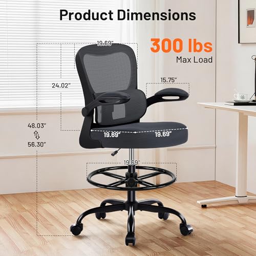 Image of AreShark Drafting Chair - Ergonomic Tall Office Chair with Lumbar Support and FILP-up Armrests - High Standing Desk Chair Breathable Mesh with Adjustable Footrest Ring and Height for Home Office