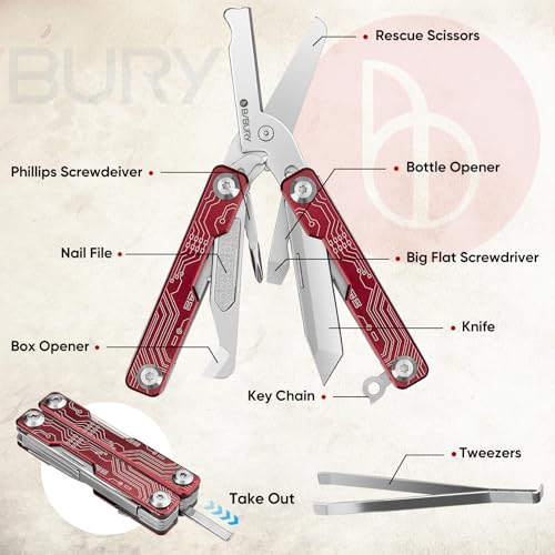 Image of BIBURY Mini Keychain Multitool Scissors BI2061R, 9 in 1 Multitool EDC Scissors with Screwdriver, Bottle Opener, Pocket Knife, Spring -Mini Multi Tool for Outdoor, Daily Use, Gifts for Men and Women