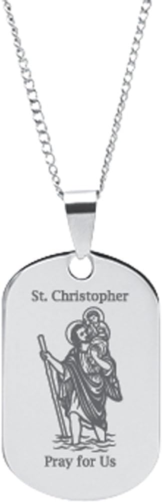 Stainless Steel Personalized Engravable St. Christopher Dog Tag Pendant on 18" Cable Chain