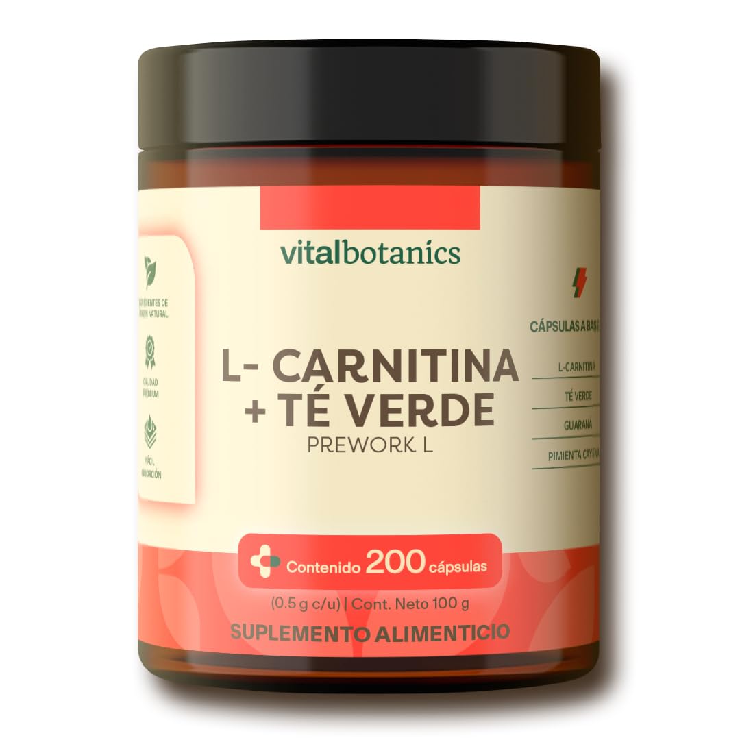 VITAL BOTANICS - Pre Workout L-Carnitina + Guaraná + Té Verde + Cayena -  200 Cápsulas De 500 Mg - Suplemento Alimenticio - 6 Meses De Suministro -  Libre De Gluten Y Aditivos