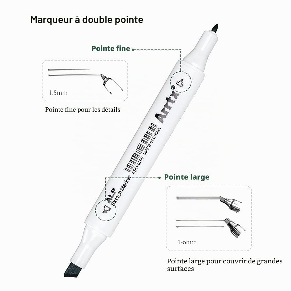Arrtx ALP Marqueur avec 80 couleurs, marqueurs graffiti à double pointe avec boîte de transport pour dessins, croquis, architecture, anime, calligraphie et illustration
