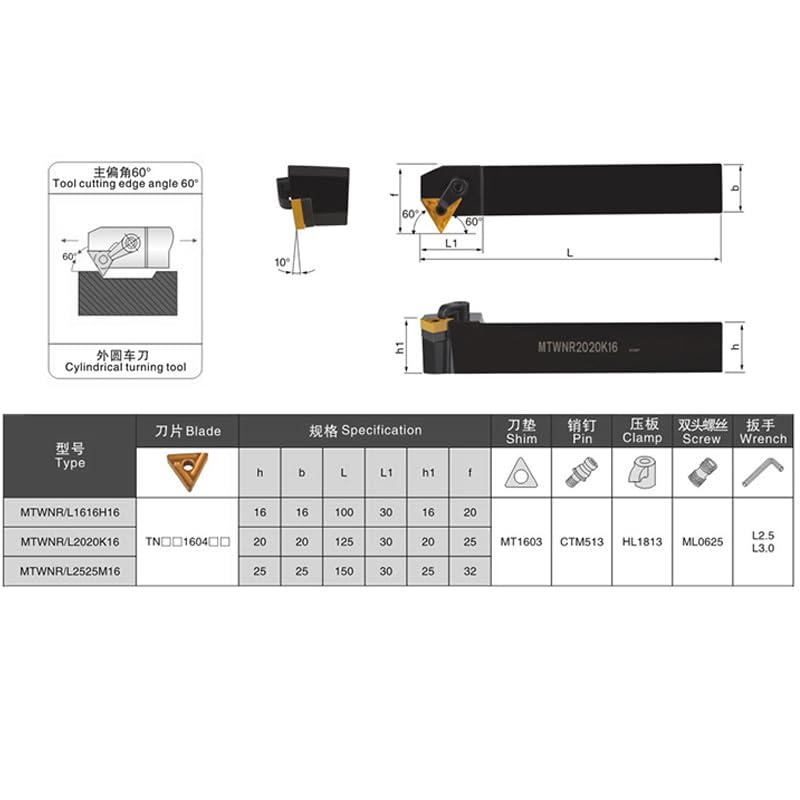 1pc MTWNR1616H16 MTWNR2020K16 MTWNR2525M16 MTWNR MTWNL Lathe Machine Turning Tool Holder CNC TNMG Carbide Inserts MTWNR1616(MTWNR1616H16)