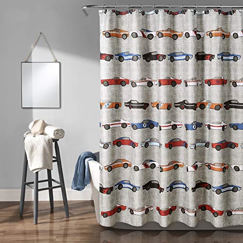 Image of Lush Decor Race Cars Shower Curtain - Fabric Racing Print Design for Kids, 72” x 72”, Blue and Orange
