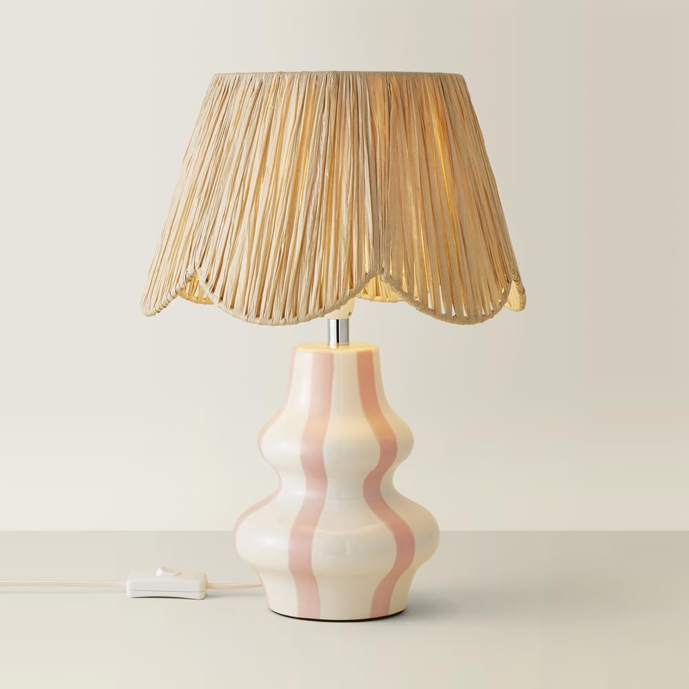 Valuelights Unisex Pink Perrie Ceramic Stripe Table Lamp With Raffia Lamp Shade And Led Bulb