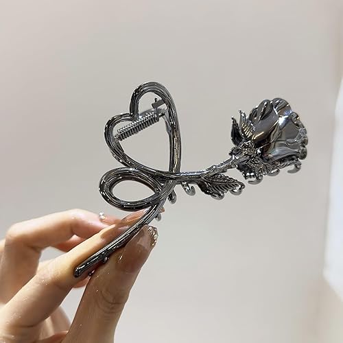 Miniatura 2 de Pinzas para el cabello con diseño de flores, clips de metal gunmetal negro con rosas, clips grandes en forma de corazón antideslizantes para el