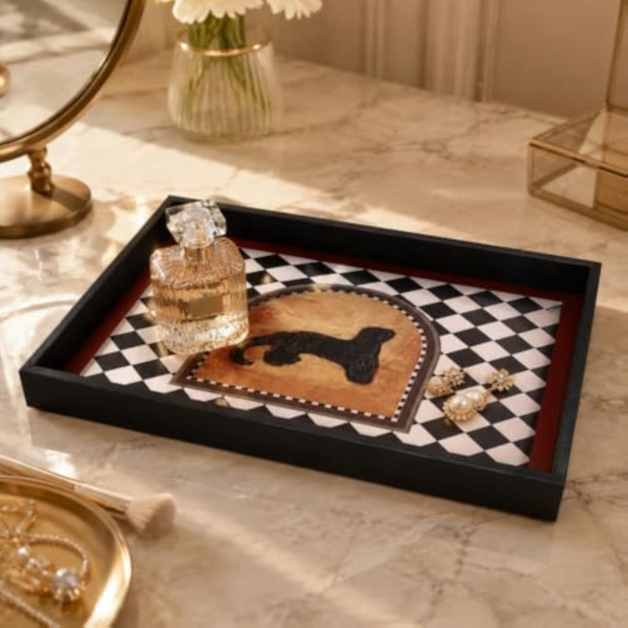 Decorative Rectangular Wooden Tray with Leather Surface