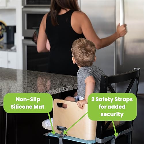 Image of Little Partners 3-in-1 Wooden Learning Booster Seat for Toddlers - Converts to Step Stool for Kids - Seat Cushion, Silicone Mat, and Booster Chair with Safety Straps - Feeding Chair (Natural)
