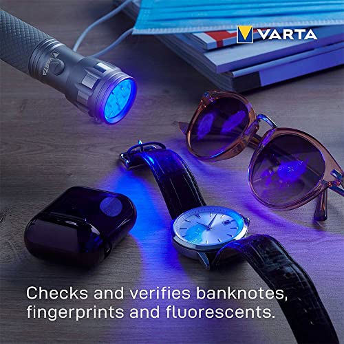 VARTA UV Taschenlampe LED inkl. 3x AAA Batterien, UV Light, zum Prüfen & Verifizieren Banknoten, Fingerabdrücken, Hygienehelfer, zum Erkennen von Schmutzrückständen & Urin von Haustieren