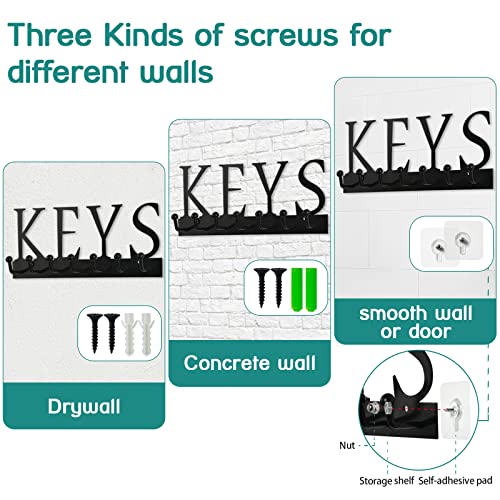 Happyhapi Key Holder For Wall, Key Organizer, Wall Key Holder, Key Hanger For Wall, Nail-Free Key Holder With 7 Hooks Rack Hanger For Entryway, Front Door, Hallway, Office, Matte Black 10X4X1Inches #TOP2