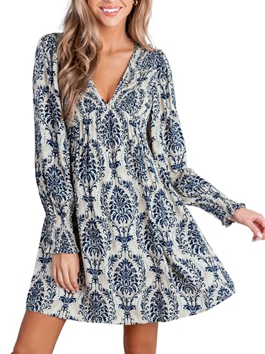 CUPSHE Damen-Minikleid, gesmokt, V-Ausschnitt, lange Ärmel, Empire-Taille, lässig, A-Linie, Tunika-Kleid, Marineblau mit Paisleymuster, L
