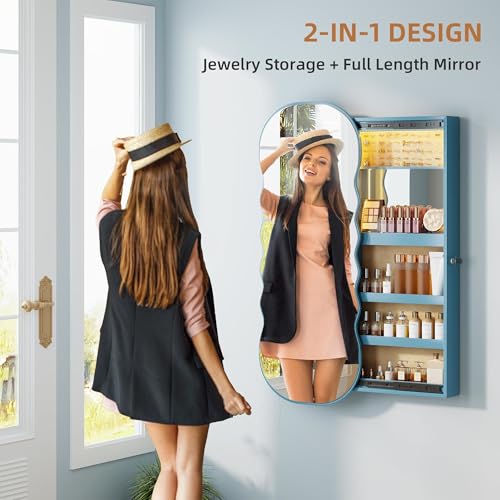 OUTDOOR DOIT Schmuckschrank Hängend mit Spiegel, Spiegelschrank Abschließbarer Wandspiegel zum Aufhängen der Wand Großer Stauraum für Schlafzimmer Blau