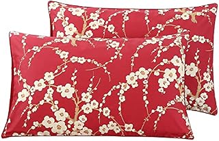 STYHO 100% Egyptian Cotton Floral Printed Decorative Pillow Cases 2 Pack Standard Size Luxurious Pillow Cover Envelope Closure for Hair and Skin(Red-Beige,50 x 75cm)
