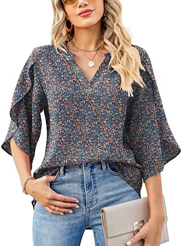 LUYAA Womens Casual Half Ruffled Sleeve Chiffon Blouse Tops V Neckline Floral Dressy Blouses Blue-Flower S