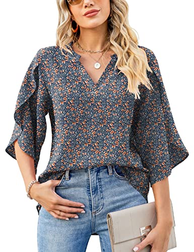 Luyaa Womens Casual Half Ruffled Sleeve Chiffon Blouse Tops V Neckline Floral Dressy Blouses Blue-Flower S #TOP3
