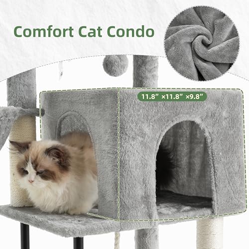 Image of Gitelsnour Cat Tree, 43.3'' Cat Tower with Hammock for Kittens GCT004SW | Cat Condo House for Small Indoor Cats, Basket, Scratching Post, Large Platform, Sturdy Steel Tube, Sisal Rope, Light Gray