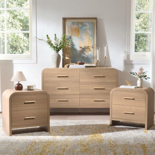 EliteSet 3-Piece Modern Bedroom Furniture Set 6-Drawer Dresser & 2-Drawer Nightstands Set of 2 Unique Curved Design Wooden Dresser and Nightstand Sets for Bedroom Living Room Hallway Oak