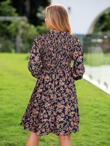 Simplee Womens 2025 Long Sleeve Babydoll Mini Dress Smocked Floral Fall Flowy Casual Short Dresses with Pockets4